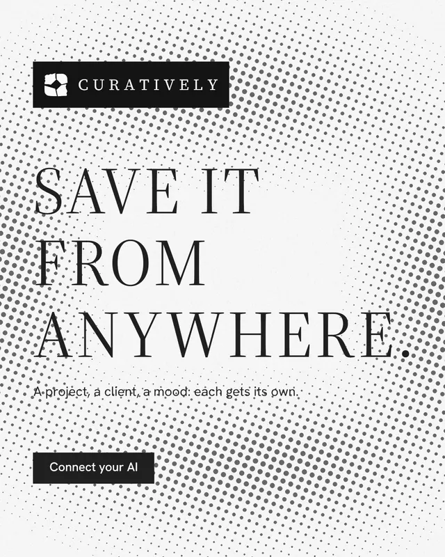 Instagram portrait post for Curatively: "Save it from anywhere." Split block style, announce layout, light palette in white, grey.