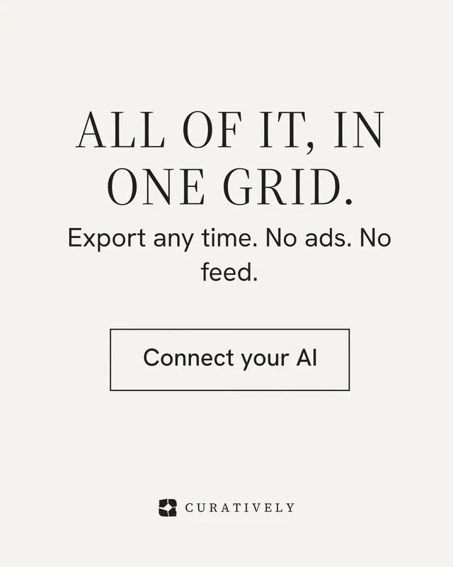 Instagram portrait post for Curatively: "All of it, in one grid." Editorial style, skeleton layout, light palette in white, grey.