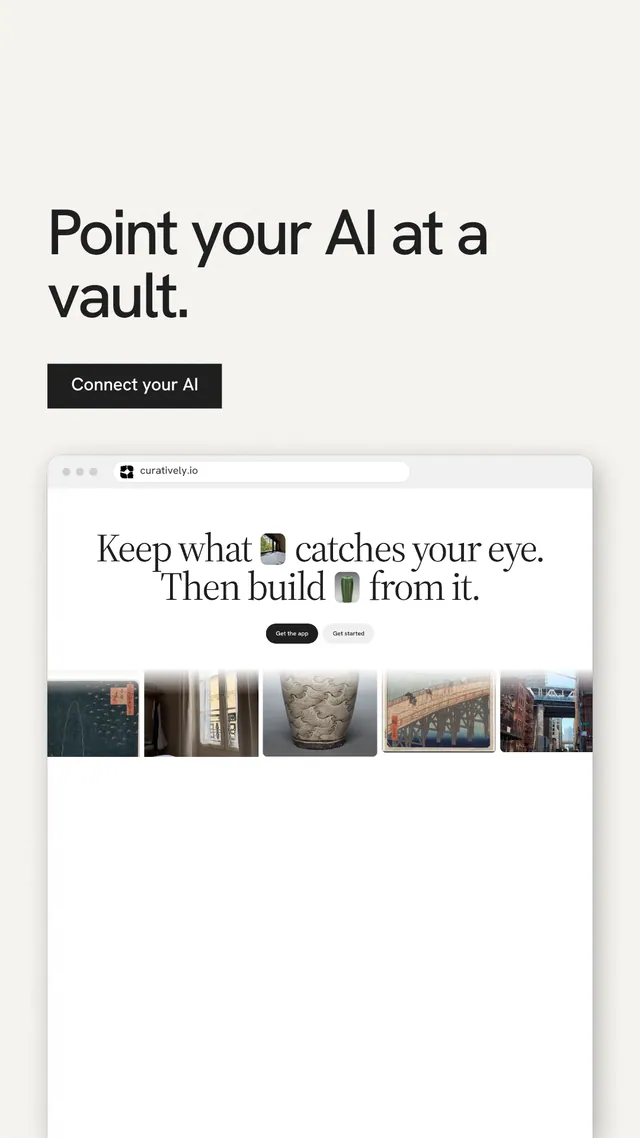 Instagram story for Curatively: "Point your AI at a vault." Swiss style, browser layout, light palette in white, grey.