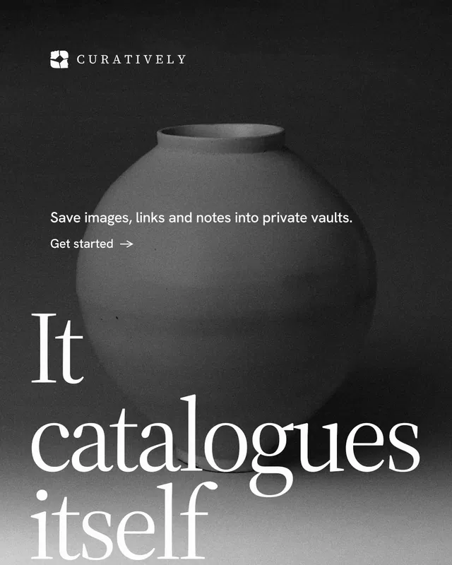 Instagram portrait post for Curatively: "Point your AI at a vault." Minimal luxury style, oversized layout, dark palette in grey, black.