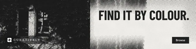 LinkedIn banner for Curatively: "Find it by colour." Retro print style, right layout, light palette in white, black, grey.