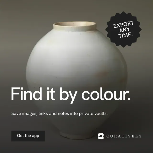 Instagram post for Curatively: "Find it by colour." Swiss style, sticker layout, dark palette in grey, black.