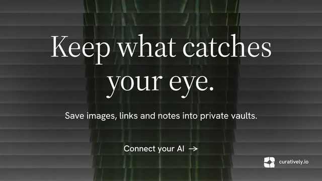 Landscape graphic for Curatively: "Keep what catches your eye." Minimal luxury style, centred layout, dark palette in black, grey.