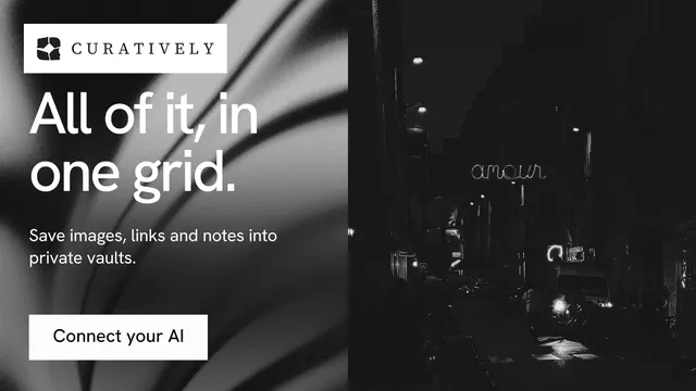 Landscape graphic for Curatively: "All of it, in one grid." Swiss style, bottom layout, dark palette in black, grey.