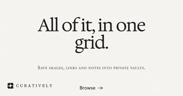 Social ad for Curatively: "All of it, in one grid." Swiss style, smallcaps layout, light palette in white, grey.