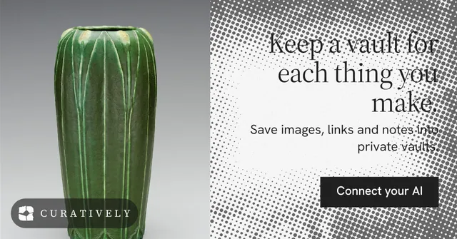 Social ad for Curatively: "Keep a vault for each thing you make." Split block style, right layout, light palette in grey, white.