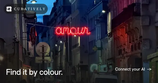 Social ad for Curatively: "Find it by colour." Editorial style, image led layout, dark palette in black, grey, red.