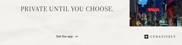 LinkedIn banner for Curatively: "Private until you choose." Minimal luxury style, skeleton layout, light palette in white, grey.