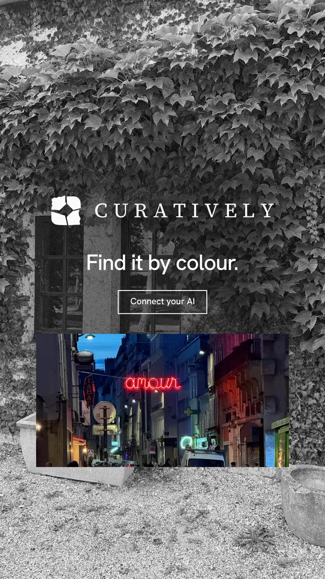 Instagram story for Curatively: "Find it by colour." Editorial style, logo hero layout, dark palette in grey, black.