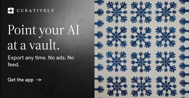 Social ad for Curatively: "Point your AI at a vault." Minimal luxury style, bottom layout, dark palette in black, grey.