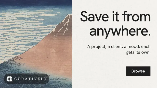 Landscape graphic for Curatively: "Save it from anywhere." Swiss style, right layout, light palette in grey, white.