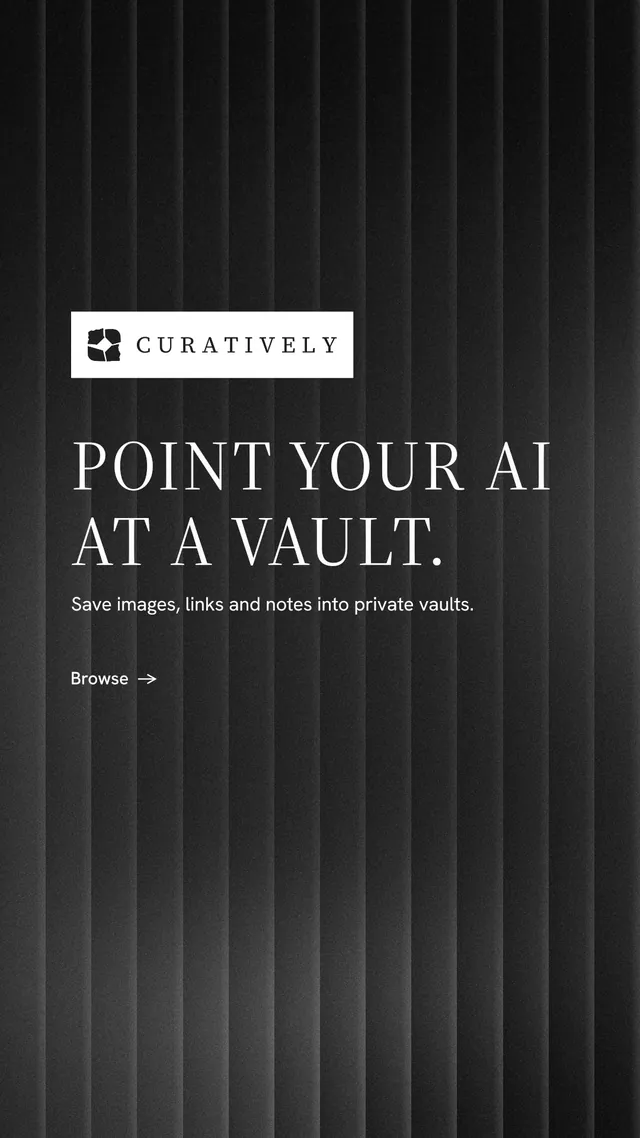 Instagram story for Curatively: "Point your AI at a vault." Minimal luxury style, announce layout, dark palette in black.