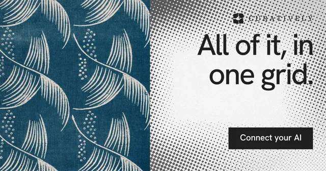 Social ad for Curatively: "All of it, in one grid." Swiss style, right layout, light palette in blue, grey, white.