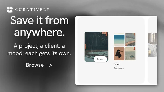 Landscape graphic for Curatively: "Save it from anywhere." Minimal luxury style, skeleton layout, light palette in black, grey, white.