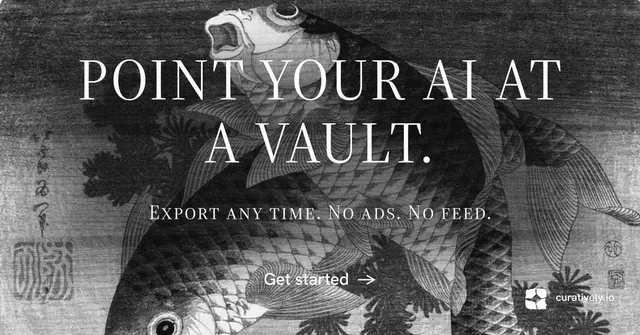 Social ad for Curatively: "Point your AI at a vault." Minimal luxury style, smallcaps layout, dark palette in black, grey.
