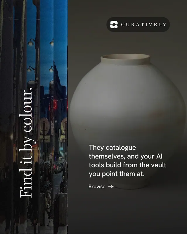 Instagram portrait post for Curatively: "Find it by colour." Minimal luxury style, vertical layout, dark palette in black, grey.