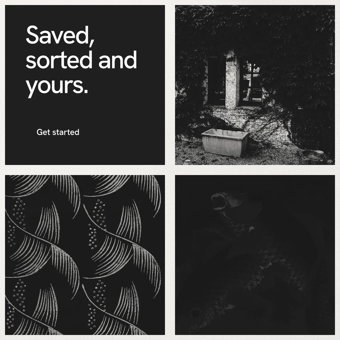 Instagram post for Curatively: "Saved, sorted and yours." Swiss style, collage layout, dark palette in black, white, grey.