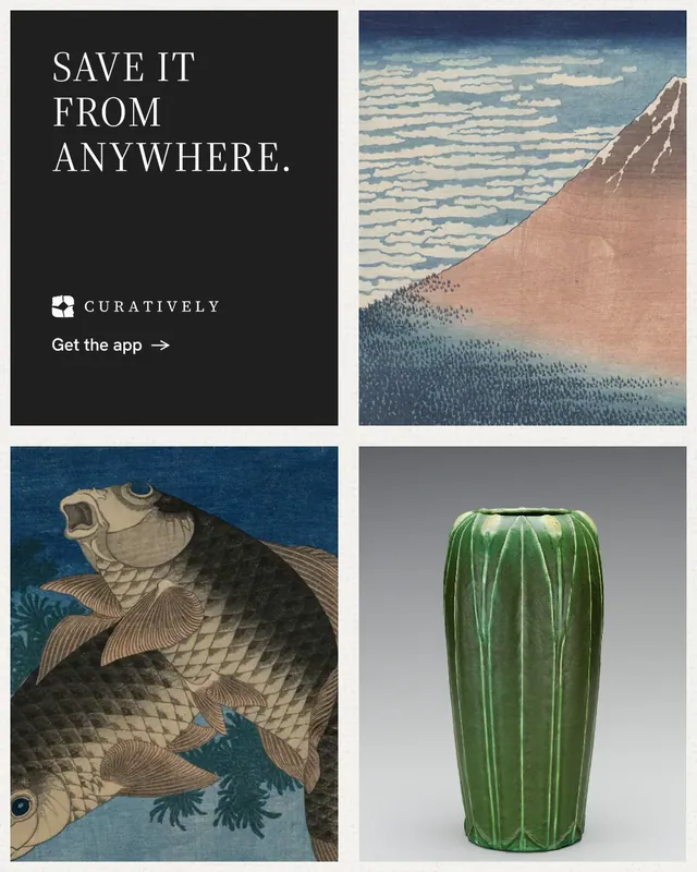 Instagram portrait post for Curatively: "Save it from anywhere." Minimal luxury style, collage layout, light palette in grey, black.