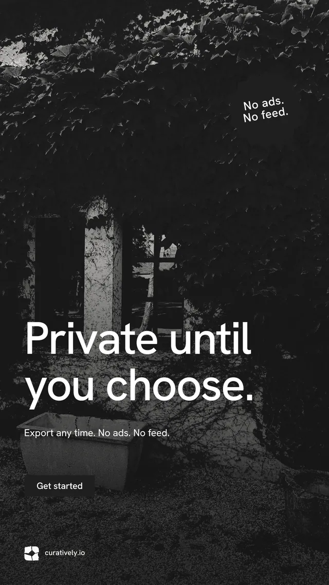 Instagram story for Curatively: "Private until you choose." Swiss style, sticker layout, dark palette in black, grey.