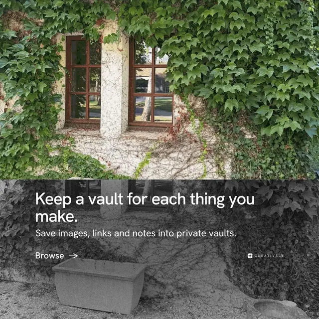 Instagram post for Curatively: "Keep a vault for each thing you make." Minimal luxury style, bottom layout, dark palette in grey, black.