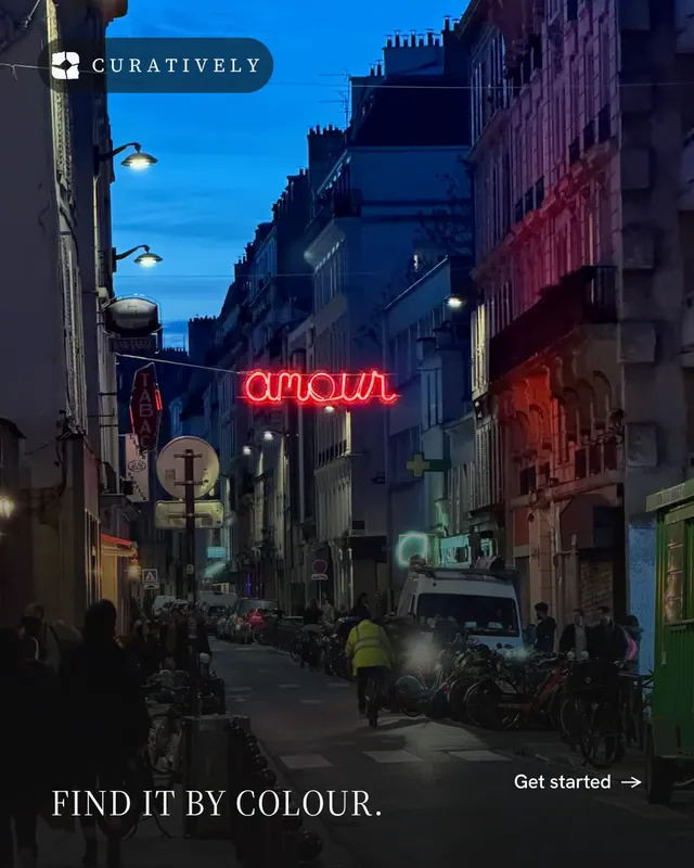 Instagram portrait post for Curatively: "Find it by colour." Photo poster style, image led layout, dark palette in black, blue, pink.