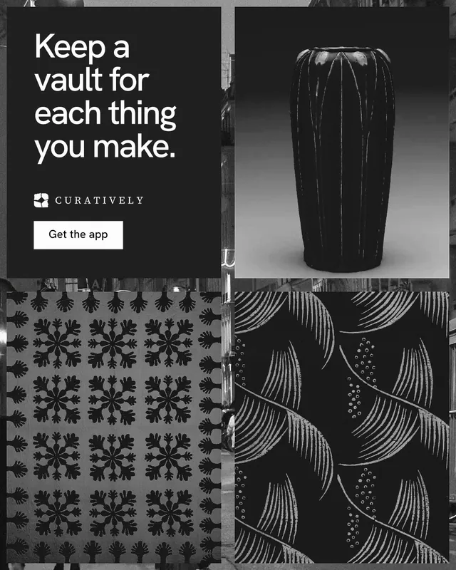 Instagram portrait post for Curatively: "Keep a vault for each thing you make." Swiss style, collage layout, dark palette in grey, black.