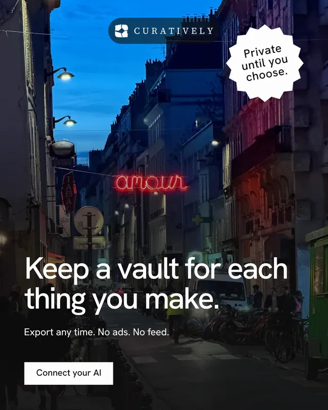 Instagram portrait post for Curatively: "Keep a vault for each thing you make." Swiss style, sticker layout, dark palette in black, blue, pink.