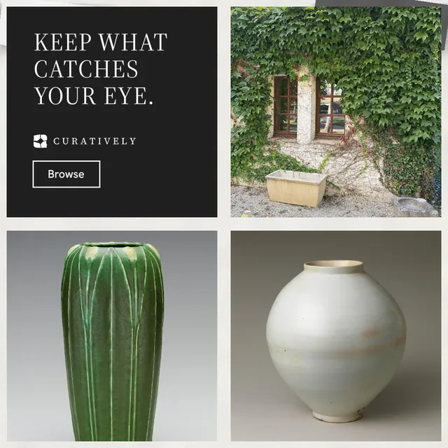 Instagram post for Curatively: "Keep what catches your eye." Editorial style, collage layout, light palette in grey, black, white.
