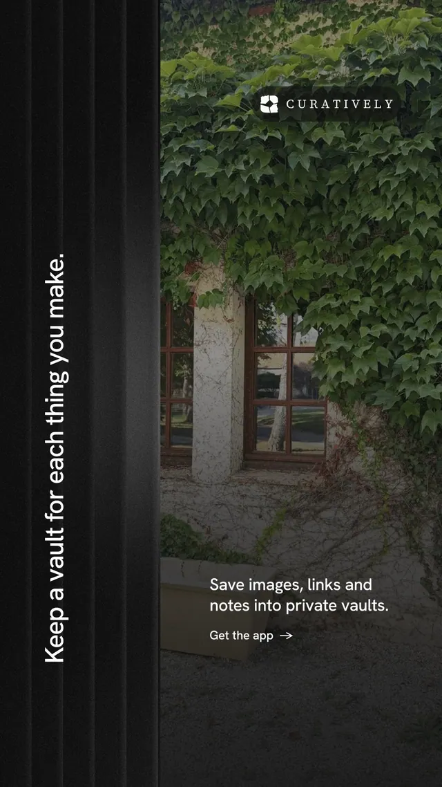 Instagram story for Curatively: "Keep a vault for each thing you make." Minimal luxury style, vertical layout, dark palette in black, grey.