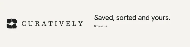 LinkedIn banner for Curatively: "Saved, sorted and yours." Minimal luxury style, logo hero layout, light palette in white.