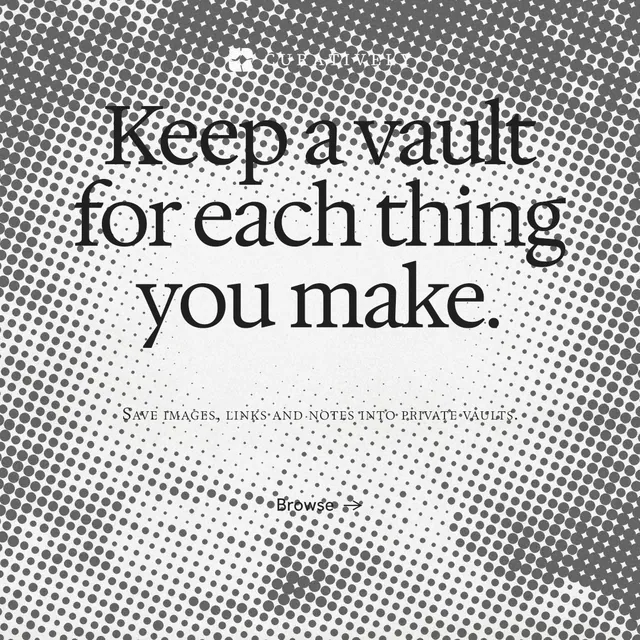 Instagram post for Curatively: "Keep a vault for each thing you make." Swiss style, smallcaps layout, light palette in white, grey.