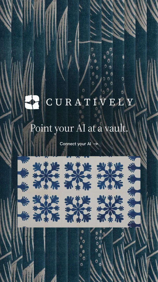 Instagram story for Curatively: "Point your AI at a vault." Minimal luxury style, logo hero layout, dark palette in blue, grey.