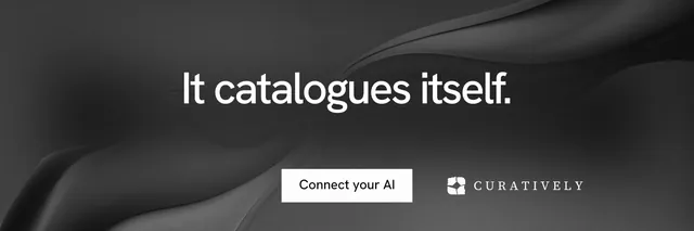 X header for Curatively: "It catalogues itself." Swiss style, centred layout, dark palette in black, grey.