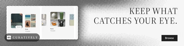 LinkedIn banner for Curatively: "Keep what catches your eye." Split block style, right layout, light palette in white, grey.