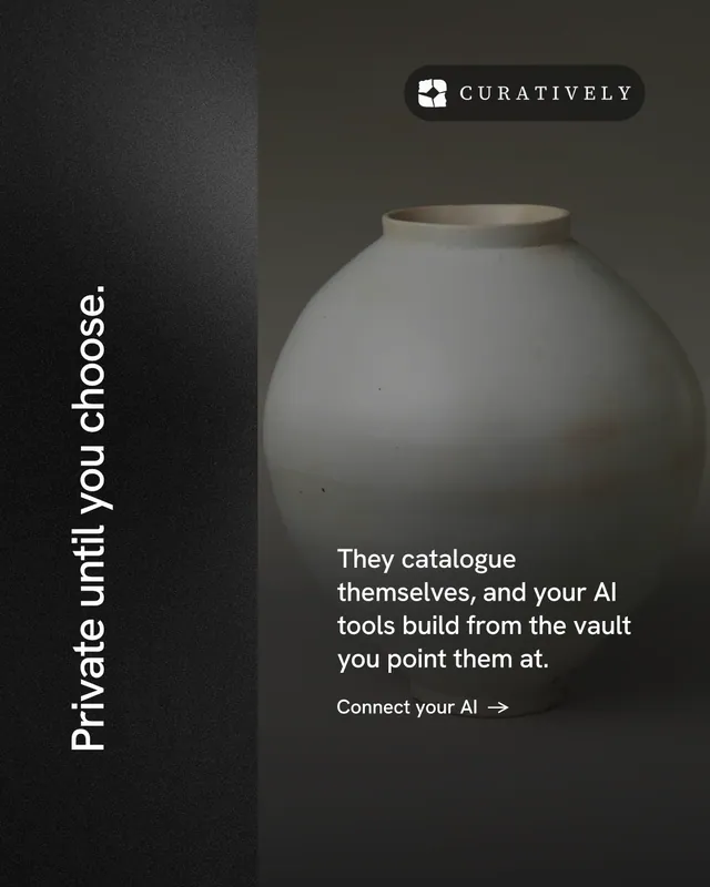 Instagram portrait post for Curatively: "Private until you choose." Minimal luxury style, vertical layout, dark palette in black, grey.