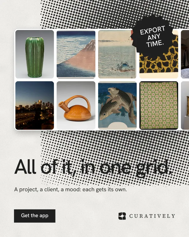 Instagram portrait post for Curatively: "All of it, in one grid." Swiss style, sticker layout, light palette in grey, white.