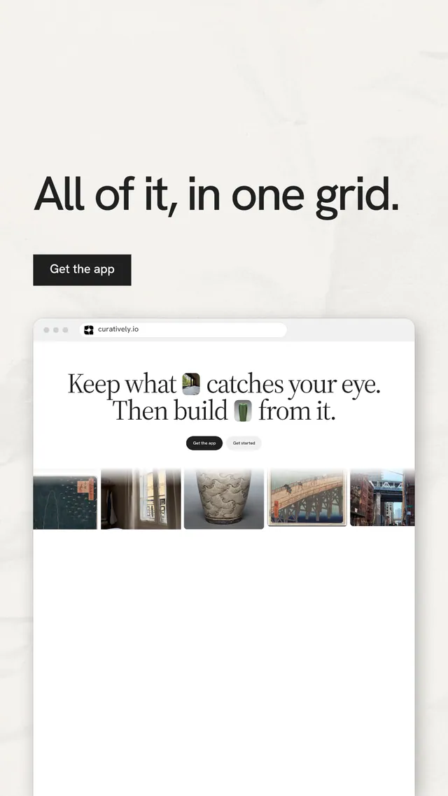 Instagram story for Curatively: "All of it, in one grid." Swiss style, browser layout, light palette in white, grey.