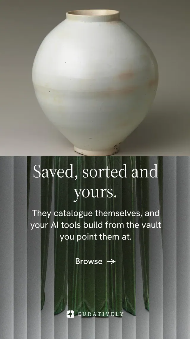 Instagram story for Curatively: "Saved, sorted and yours." Minimal luxury style, skeleton layout, dark palette in grey, black.