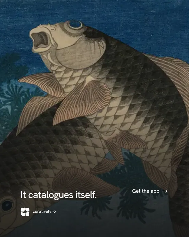 Instagram portrait post for Curatively: "It catalogues itself." Minimal luxury style, image led layout, dark palette in black, blue, grey.