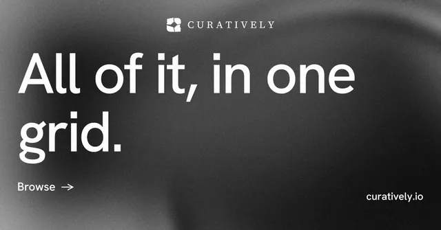 Social ad for Curatively: "All of it, in one grid." Minimal luxury style, poster layout, dark palette in black, grey.
