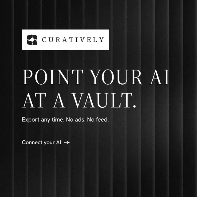 Instagram post for Curatively: "Point your AI at a vault." Minimal luxury style, announce layout, dark palette in black, grey.