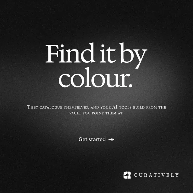 Instagram post for Curatively: "Find it by colour." Swiss style, smallcaps layout, dark palette in black, grey.