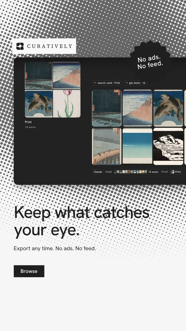 Instagram story for Curatively: "Keep what catches your eye." Split block style, sticker layout, light palette in grey, black, white.