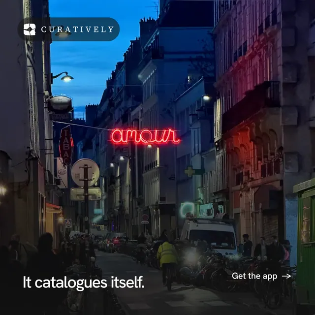 Instagram post for Curatively: "It catalogues itself." Swiss style, image led layout, dark palette in black, blue, pink.