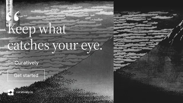 Landscape graphic for Curatively: "Find it by colour." Editorial style, quote layout, dark palette in black, grey.
