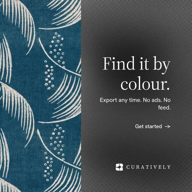 Instagram post for Curatively: "Find it by colour." Minimal luxury style, right layout, dark palette in blue, black, grey.