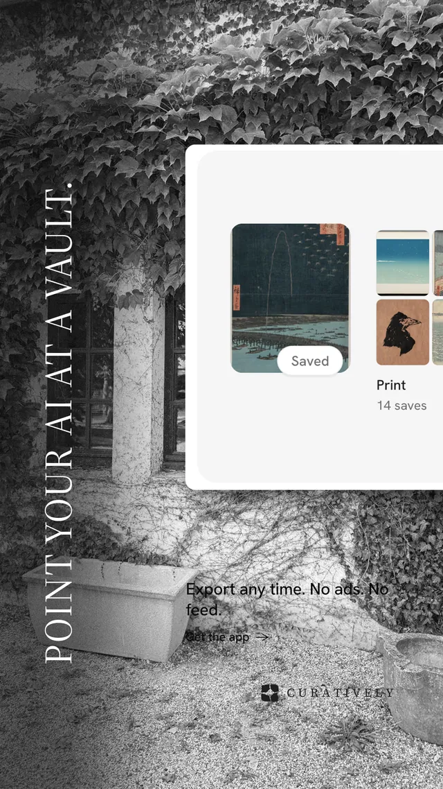 Instagram story for Curatively: "Point your AI at a vault." Minimal luxury style, vertical layout, light palette in black, grey, white.