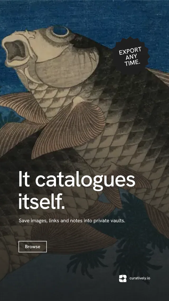 Instagram story for Curatively: "It catalogues itself." Editorial style, sticker layout, dark palette in black, grey.