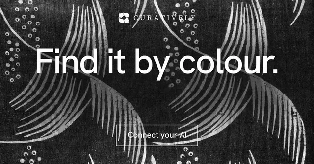 Social ad for Curatively: "Find it by colour." Editorial style, centred layout, dark palette in black, grey.