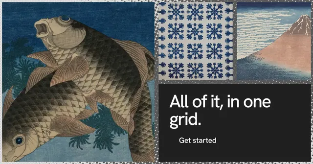 Social ad for Curatively: "All of it, in one grid." Swiss style, collage layout, dark palette in grey, black, blue.